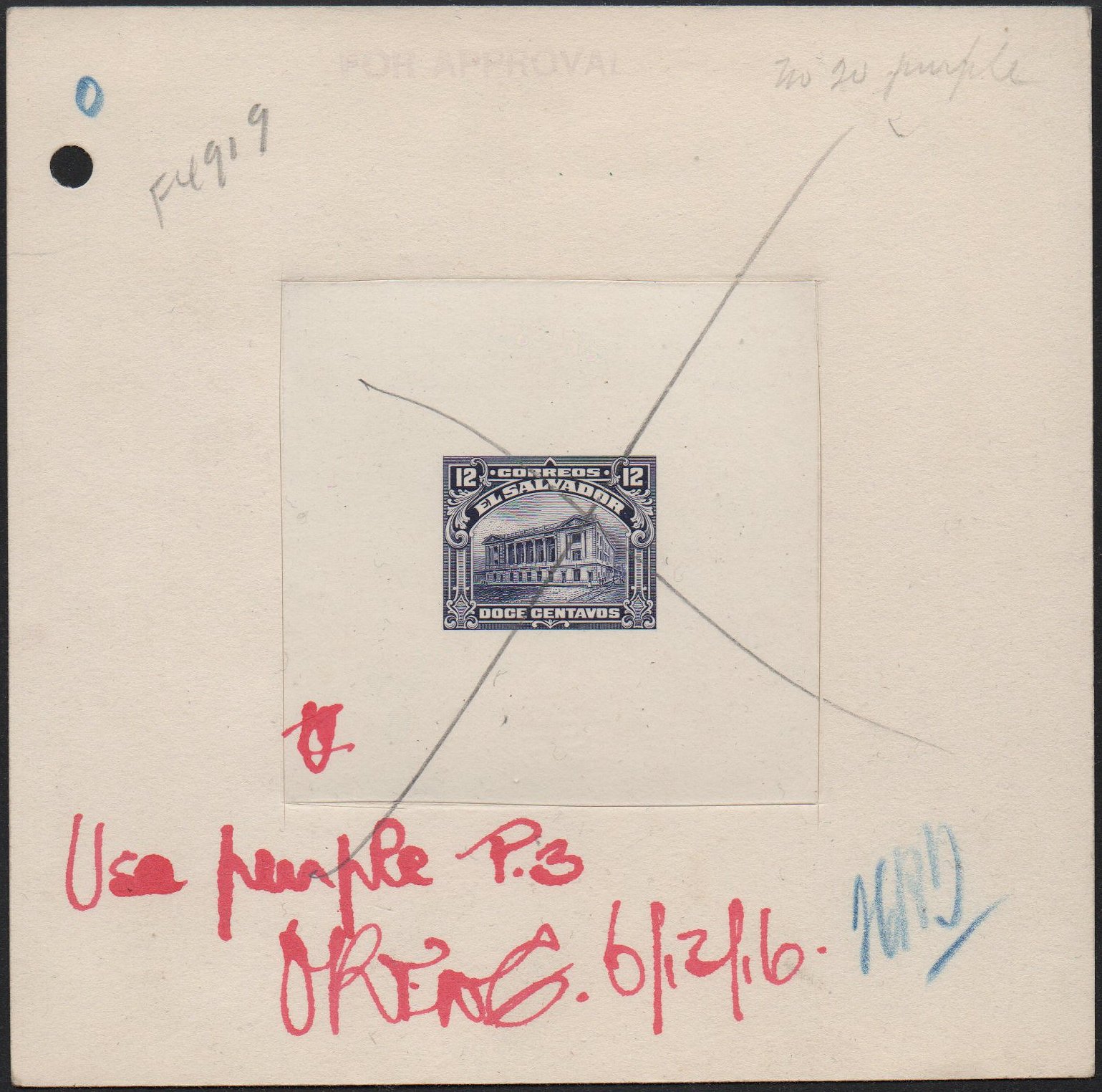 ABN Co. stamp archive working die proof of 12c violet-blue - front - timbres-poste Briefmarken stamps El Salvador Tram Trolley Tranvia National Theatre teatro nacional 